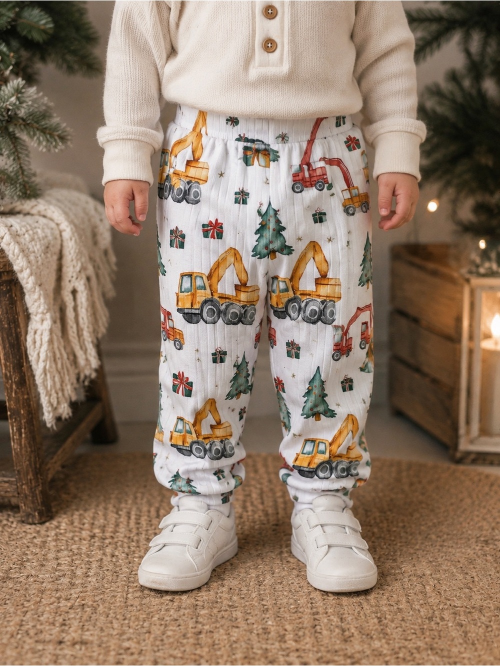 Kids White Christmas Construction Print Pajama Pants